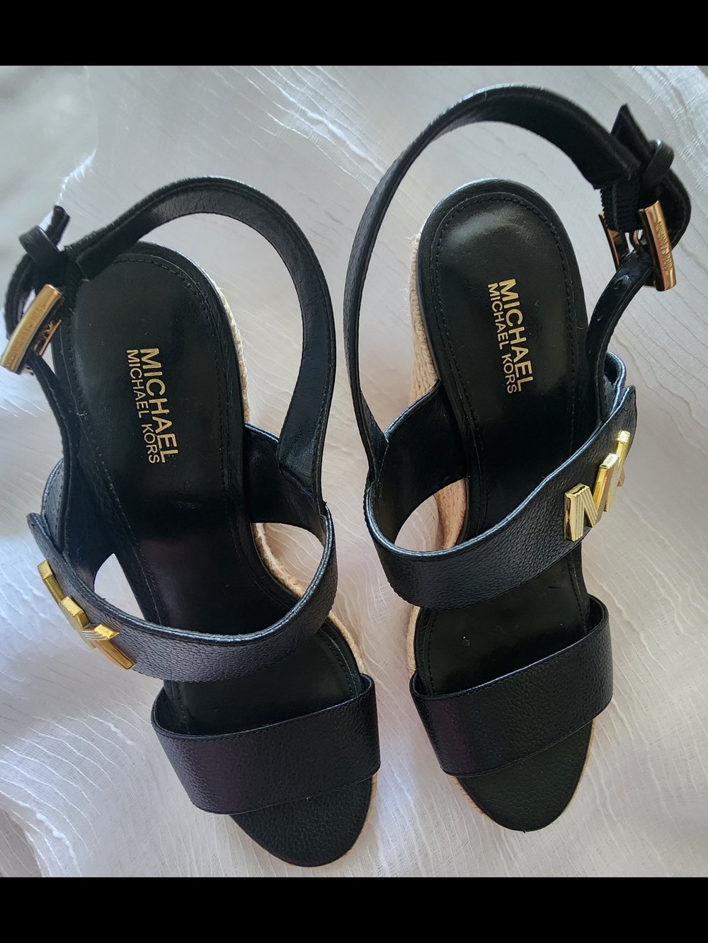 Michael Kors Black Leather Espadrille Wedge Sandals with Gold MK - Picture 2 of 5